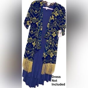 LuLaRoe Blue & Gold Monroe Kimono with Gold Fringe